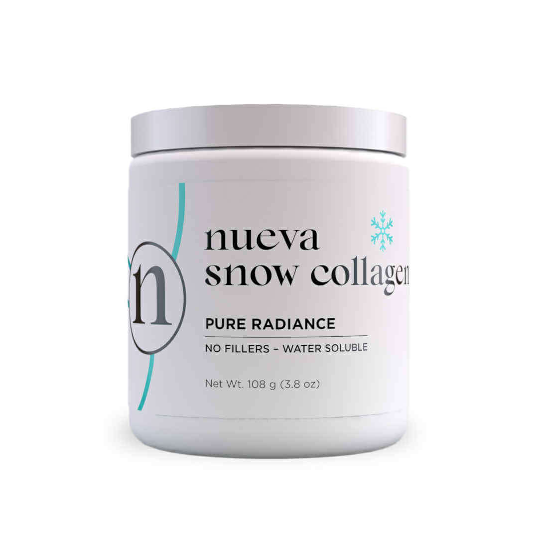 Nueva Snow Collagen powder jar, Pure Radiance, 108 g, water soluble, no fillers, designed for skin and joint health.